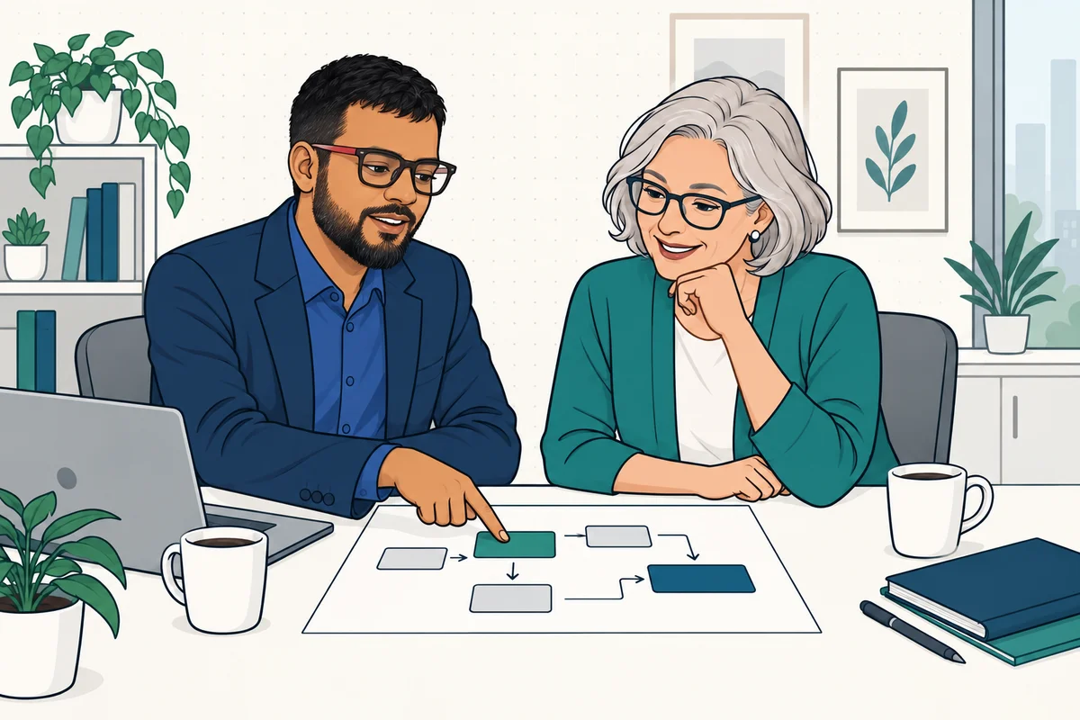 Illustration of a consultant and business owner planning a workflow together.