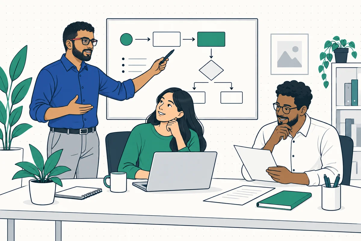 Illustration of business colleagues planning a digital workflow together.